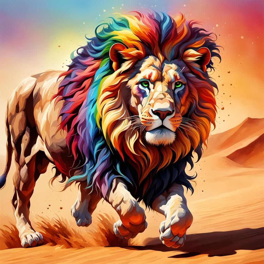 Rainbow Lion Runs Through Desert, Hyperrealistic Splash Art