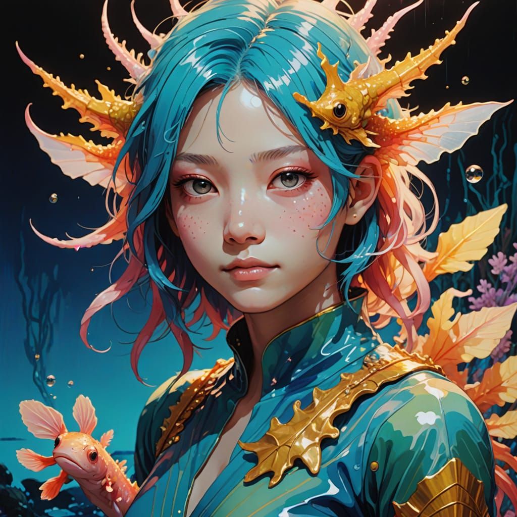 Axolotl Fishman Girl in Anime Style