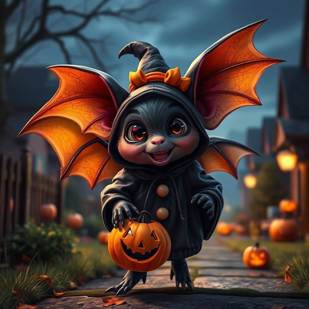 Halloween Bat Trick-or-Treating: Hyperrealistic Concept Art