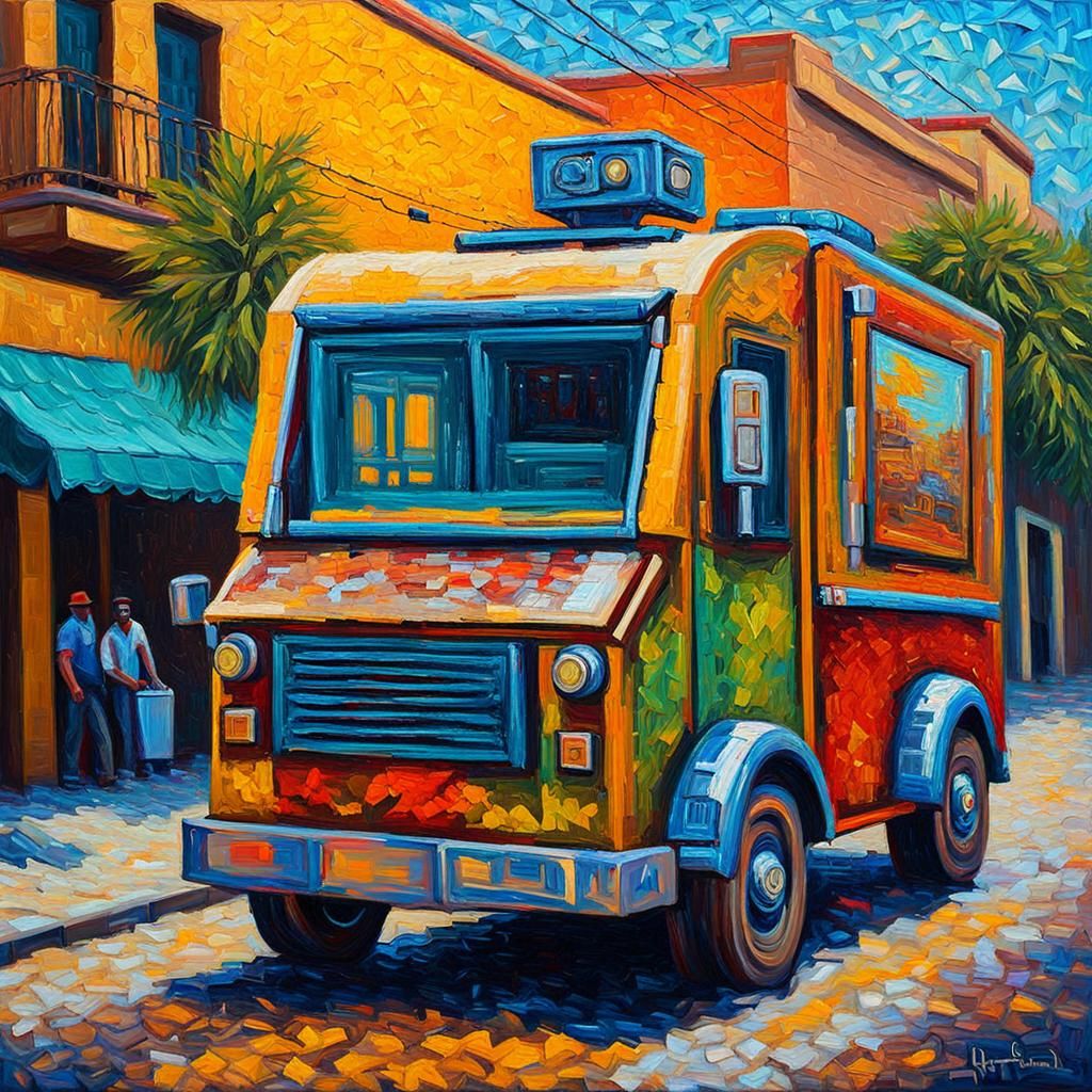 Robot Taco Truck in Expressionist Oil Painting