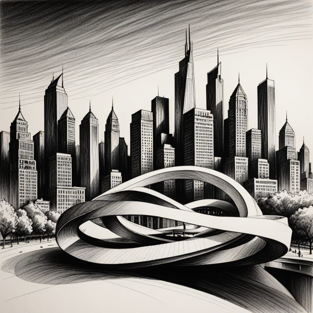 Modern Mobius Strip with Cityscape Pencil Sketch