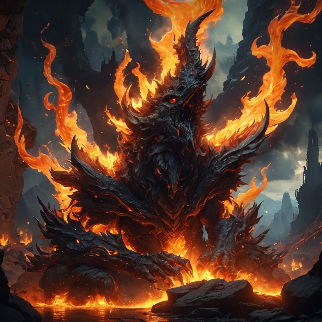 Fiery Mythical Creature in a Fantasy Landscape