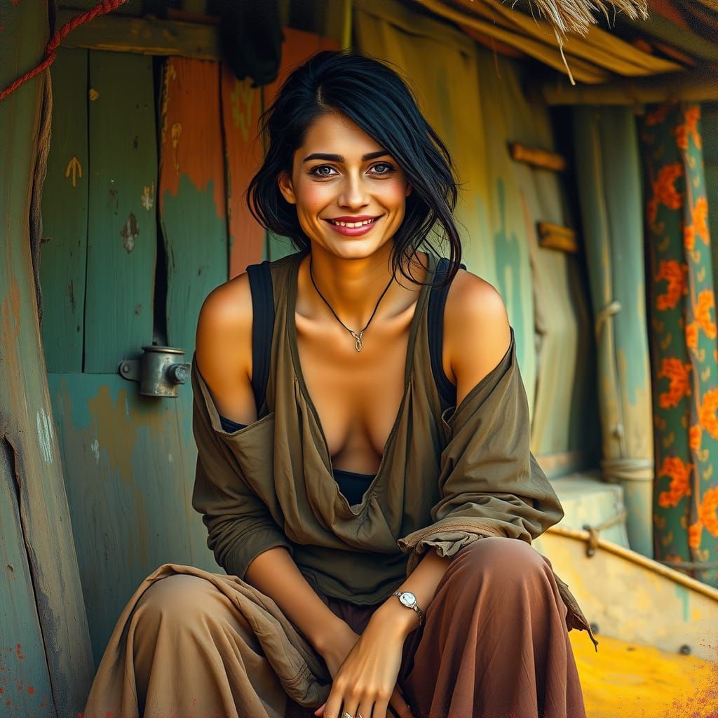 Melancholy Woman on Hut in Fauvist Expressionist Style