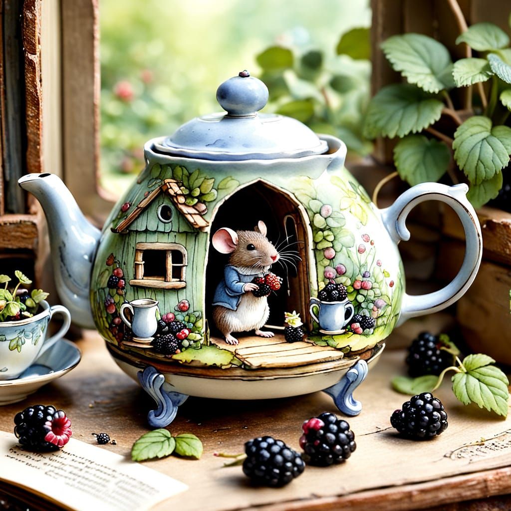 Cozy Brambley Hedge Mouse House in a Teapot