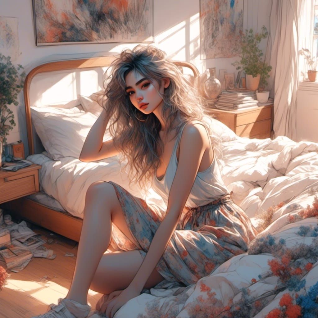 Anime Girl Portrait in Sunlit Bedroom Sketch