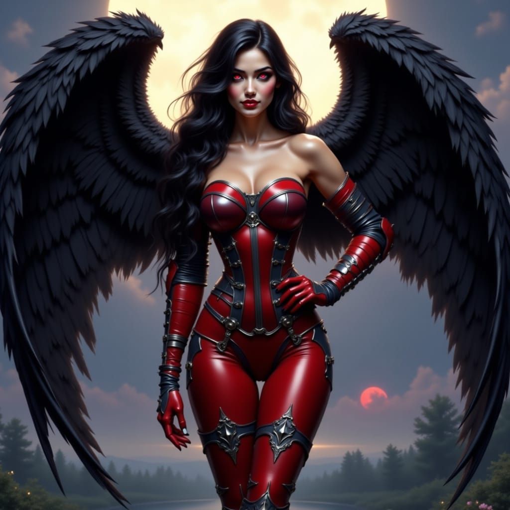 Sensual Fallen Archangel Pin-Up in Red and Black Plate Armor