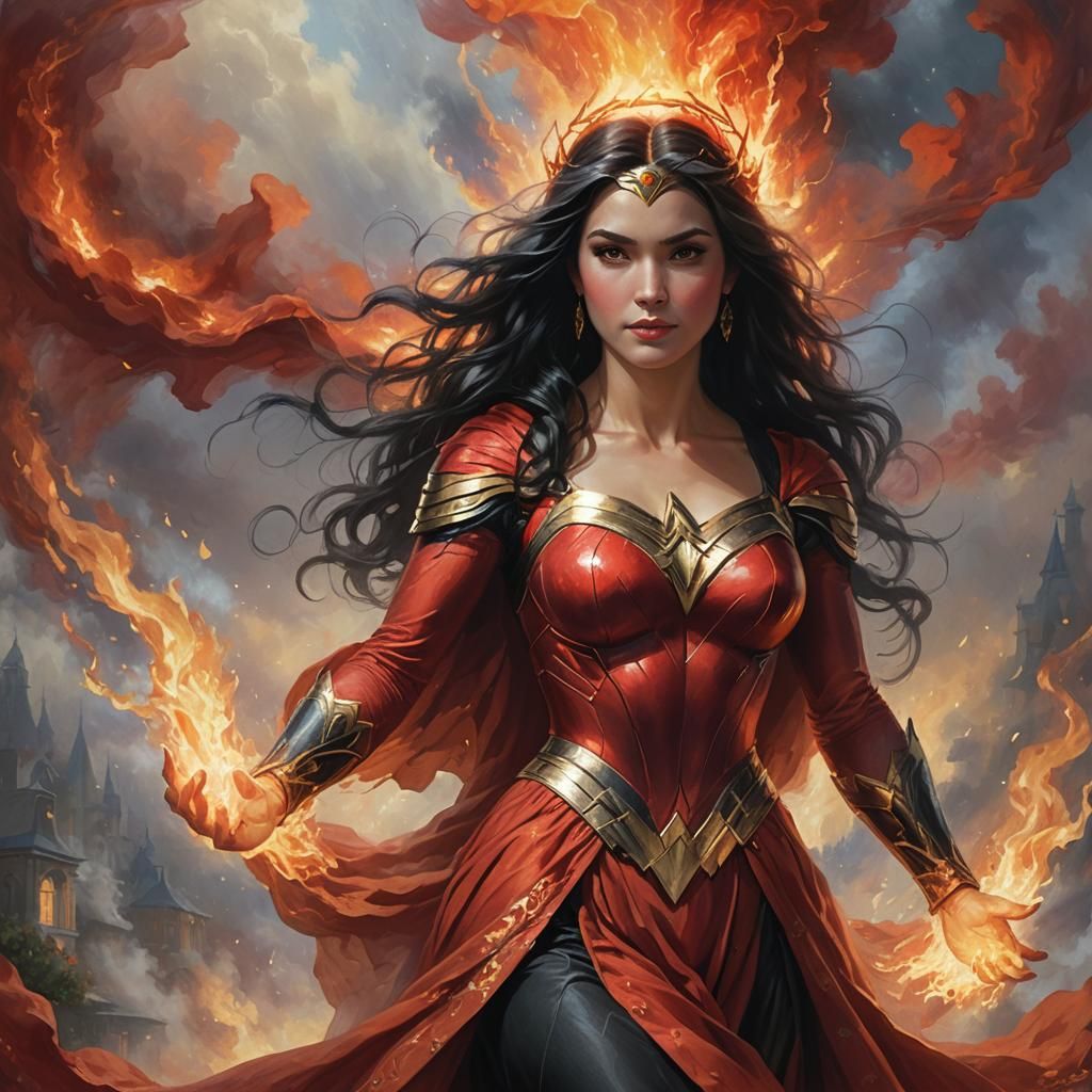 Fiery Superwoman in Ethereal Fantasy Style