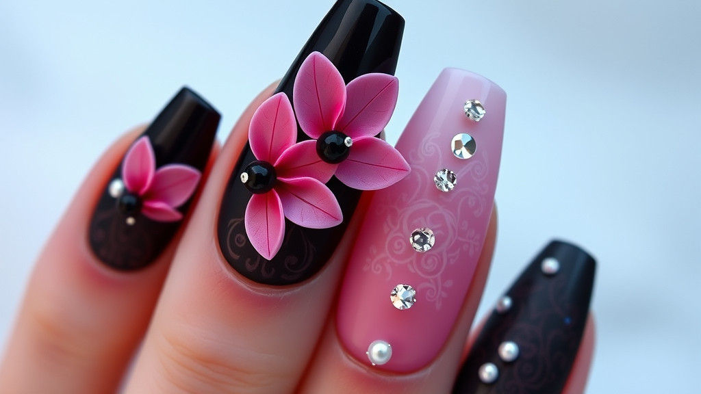 Dreamy Stiletto Nails with 3D Flowers in Art Nouveau Style