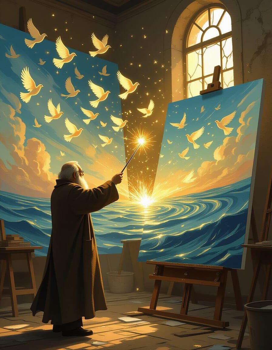 Elderly Conductor Leads Glowing Birds in Surreal Art Studio