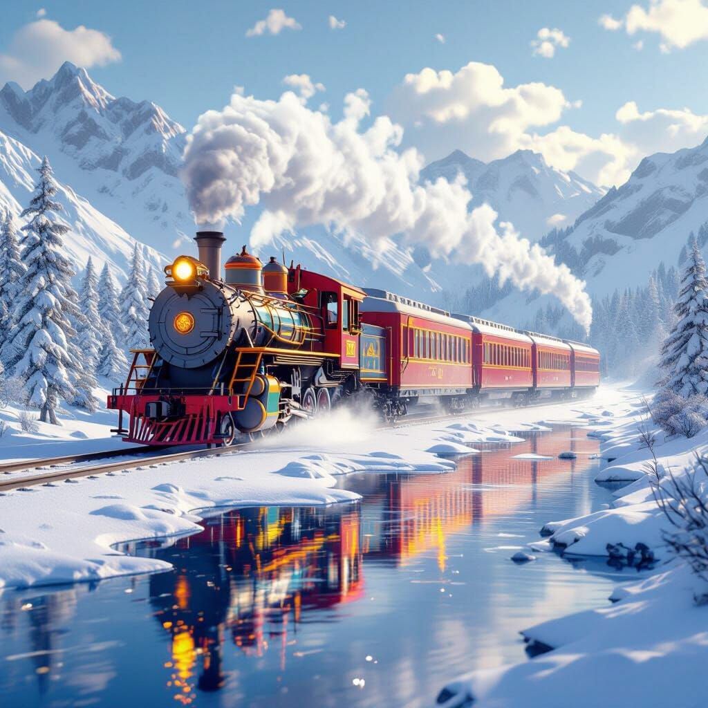 Vibrant Train in Snowy Fantasy Landscape