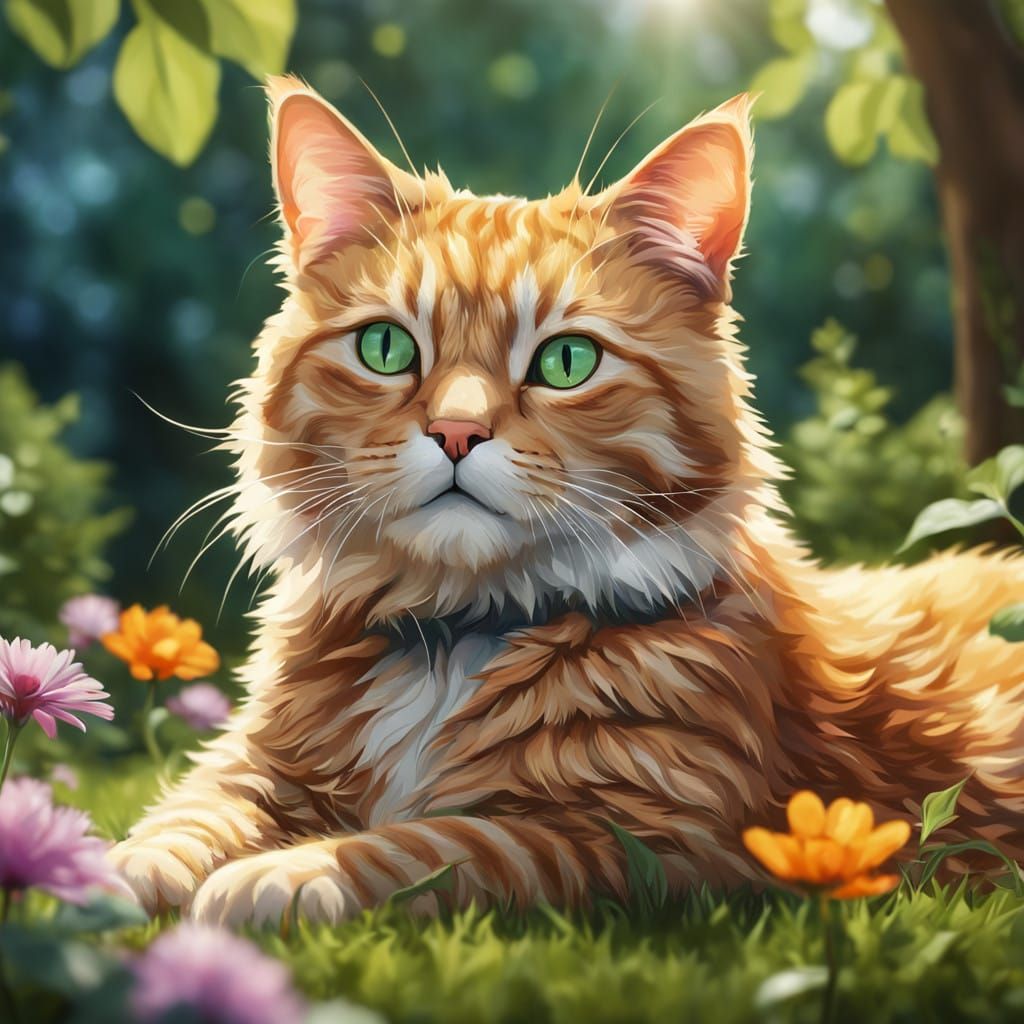 Ginger Cat in Enchanting Garden Oasis