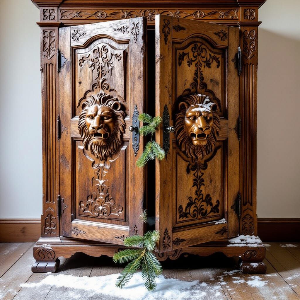 Ancient Wardrobe with Lions in Hyperrealism