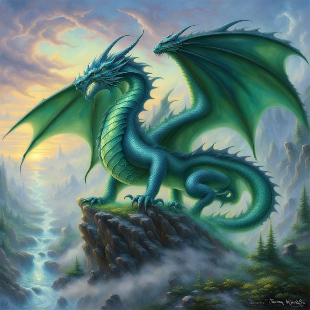 Ethereal Emerald Blue Dragon in Fantasy Style