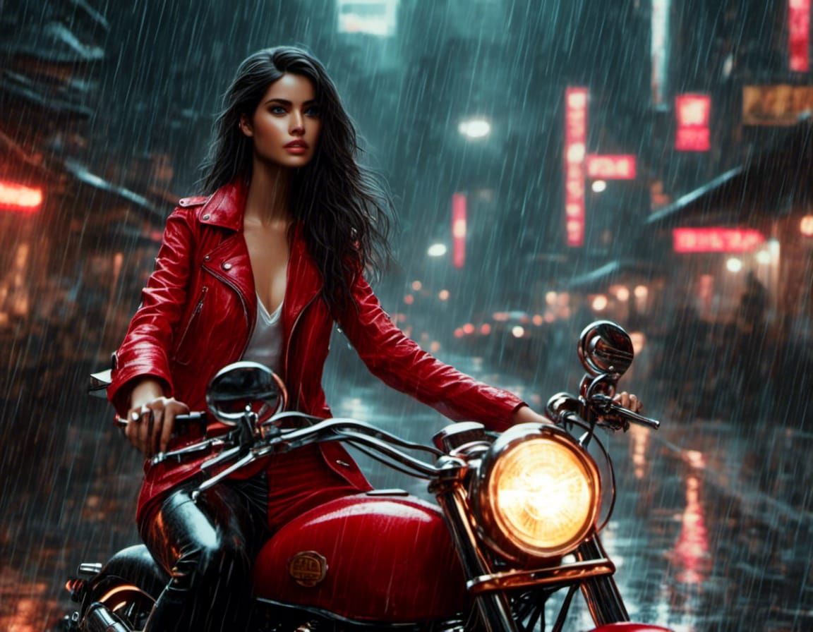 Woman in Red Dress on Motorcycle in Rain