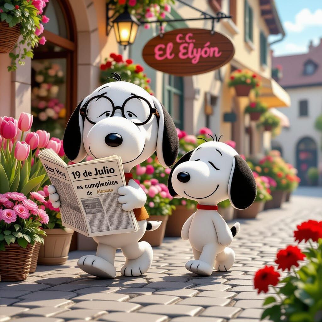 Snoopy and Pluto in Anime-Inspired European Scene