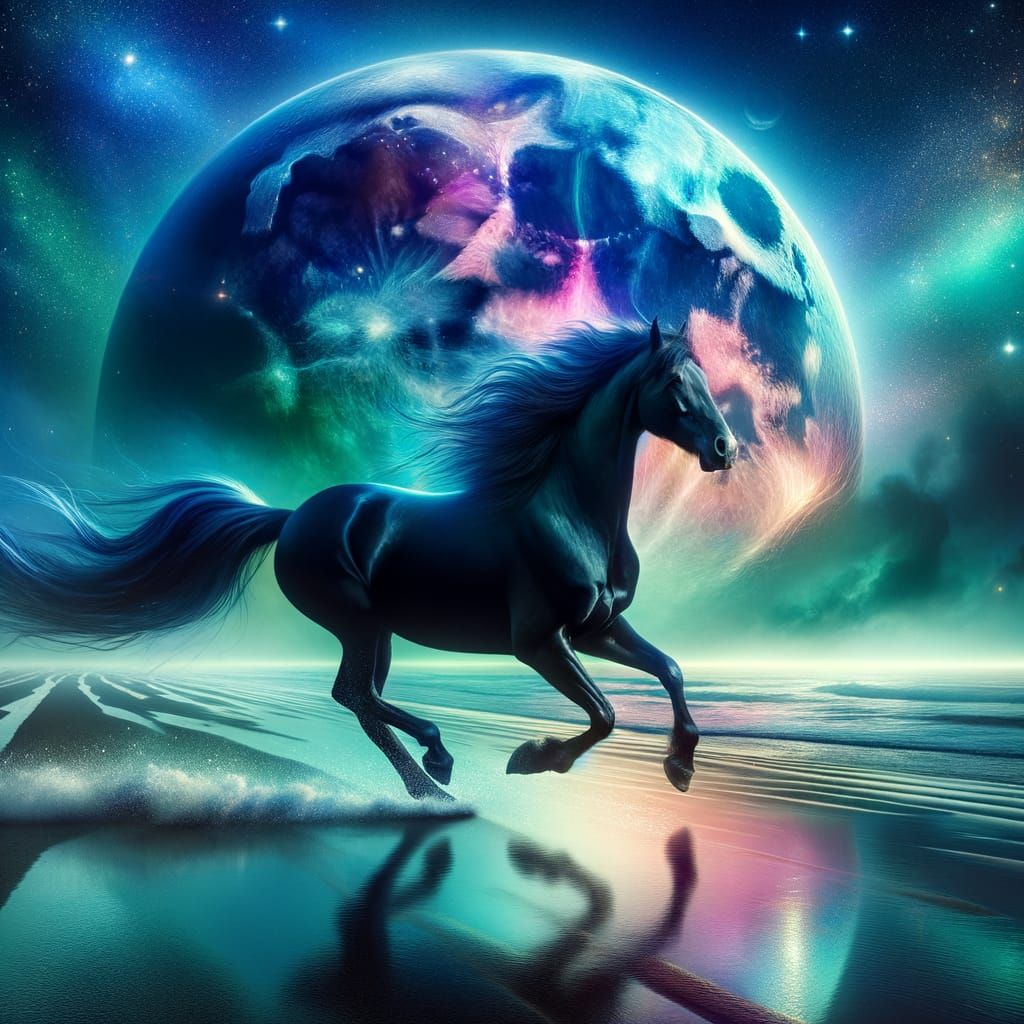 Dreamlike Dark Horse Gallops Along Moonlit Beach at Night