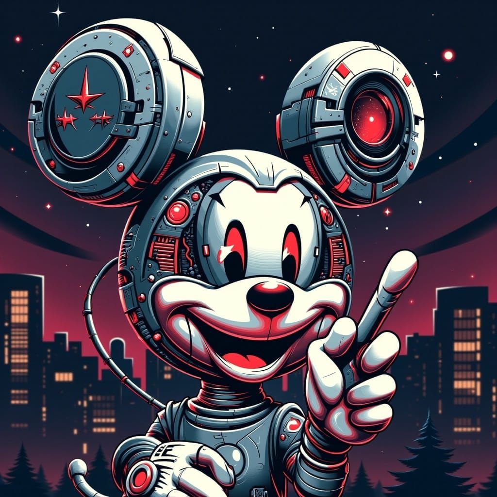Robotic Mickey Mouse in Minimalist Digital Art Style