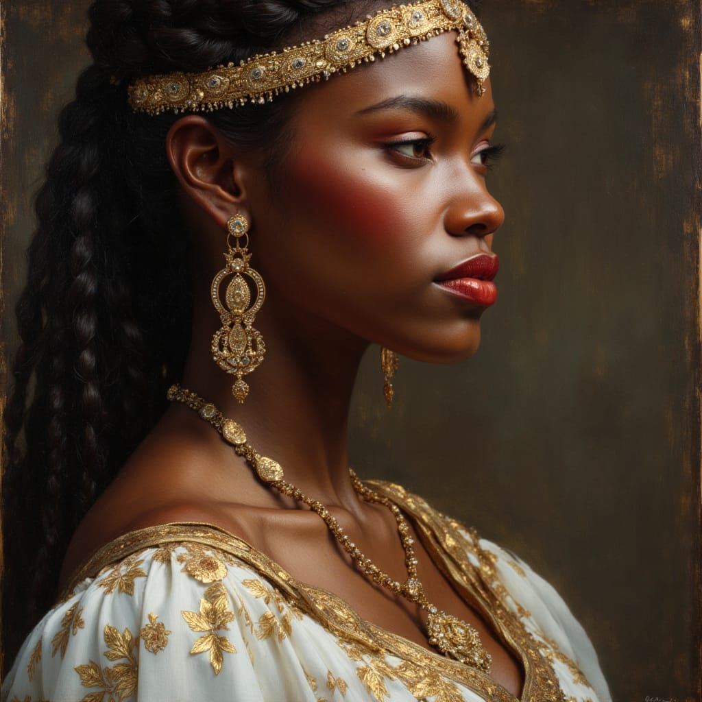 Elegant African Goddess Portrait in Hyperrealistic Oil Style