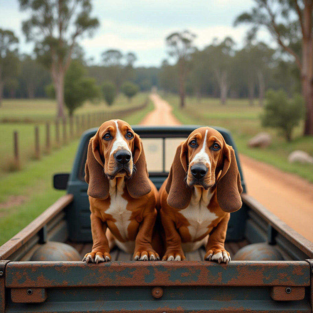 Basset Hounds on a Ute in the Australian Countryside