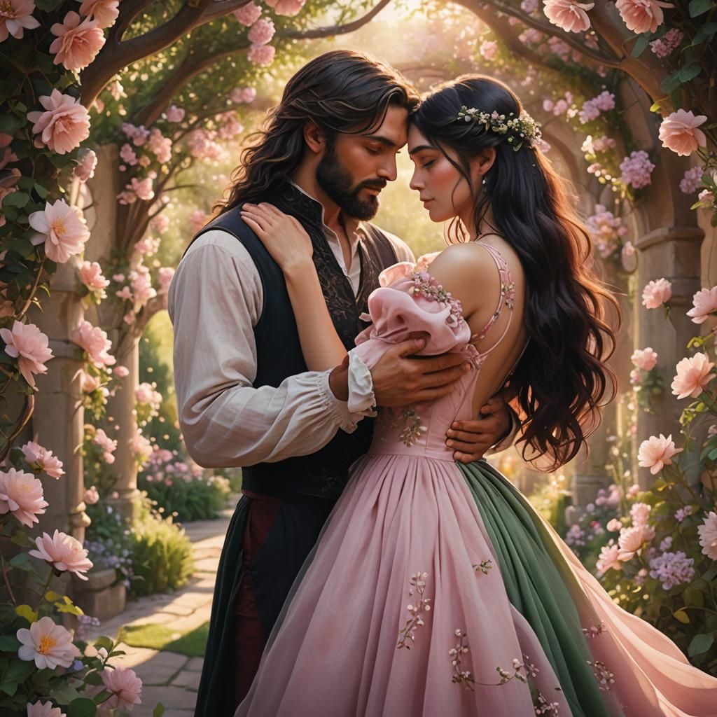 Fantasy Couple in Garden of Pale Flowers