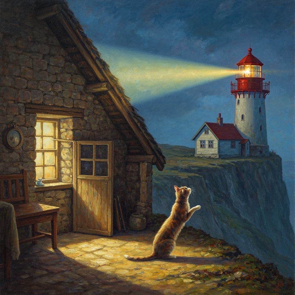 Cat Chasing Lighthouse Beam: Impressionistic Oil Painting