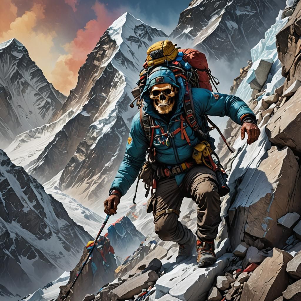 Skull-Headed Man Climbs Everest: Comic Book Art