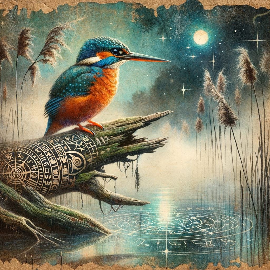 Kingfisher on Gnarled Branch Over Misty River at Dawn