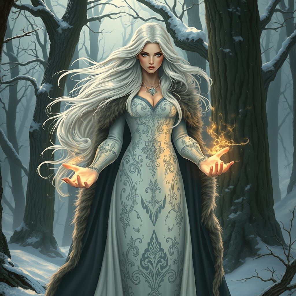 Mysterious Sorceress in Snowy Forest, Art Nouveau Style