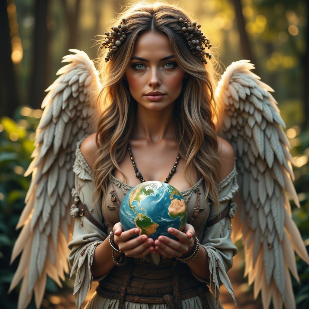 Angel Woman Cradles Miniature Earth in Golden Hour