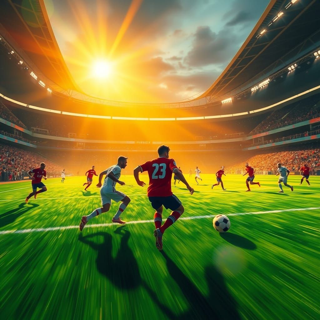 Dynamic Soccer Match Under Golden Hour Stadium Lights