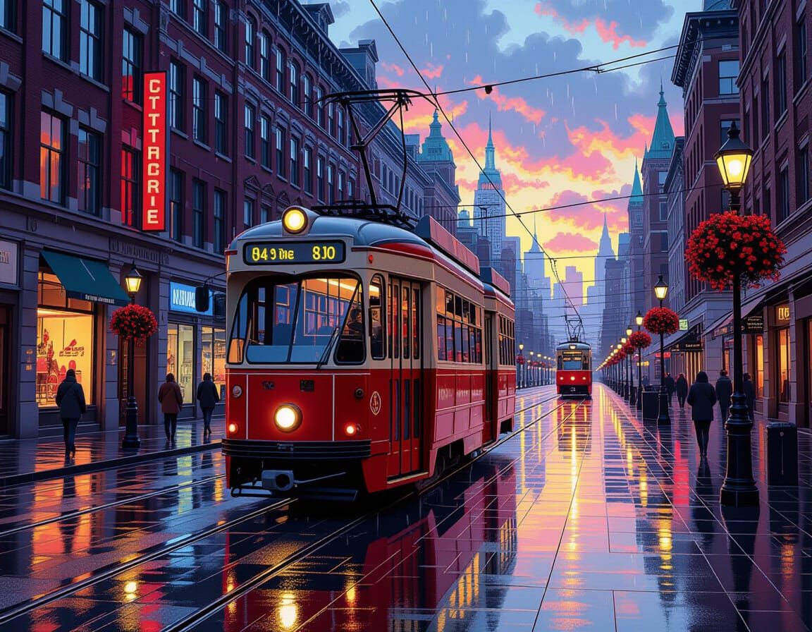 Autumn City Morning: First Tram in Rain, Diamond Painting St...