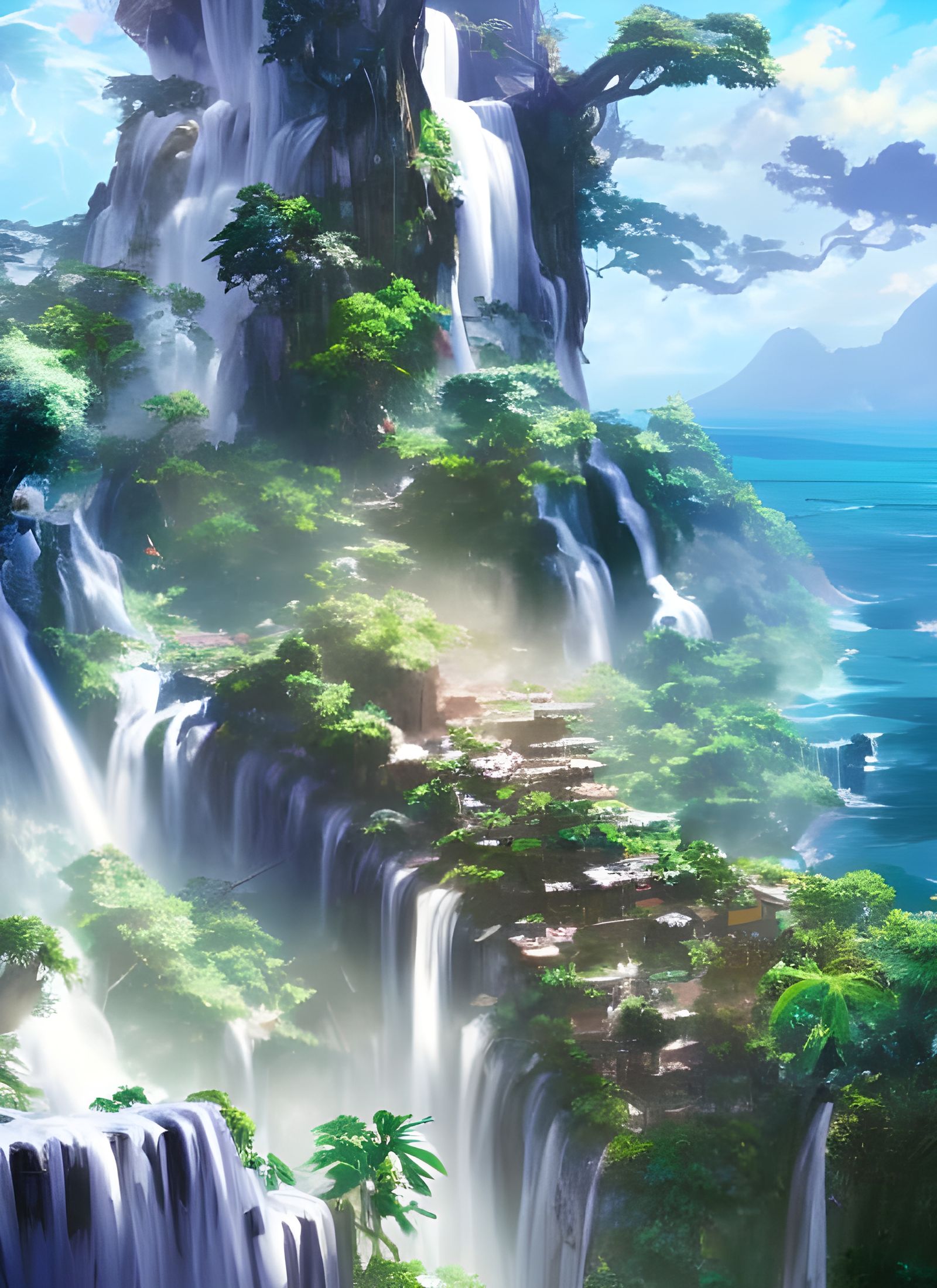Tropical Island Waterfalls in Anime Style