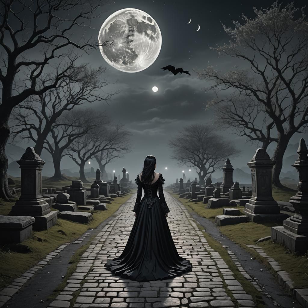 Surreal Gothic Princess Strolls Under Moonlit Stone Pathway