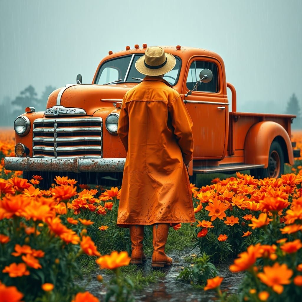 Vintage Orange Truck in Rainy Flower Field