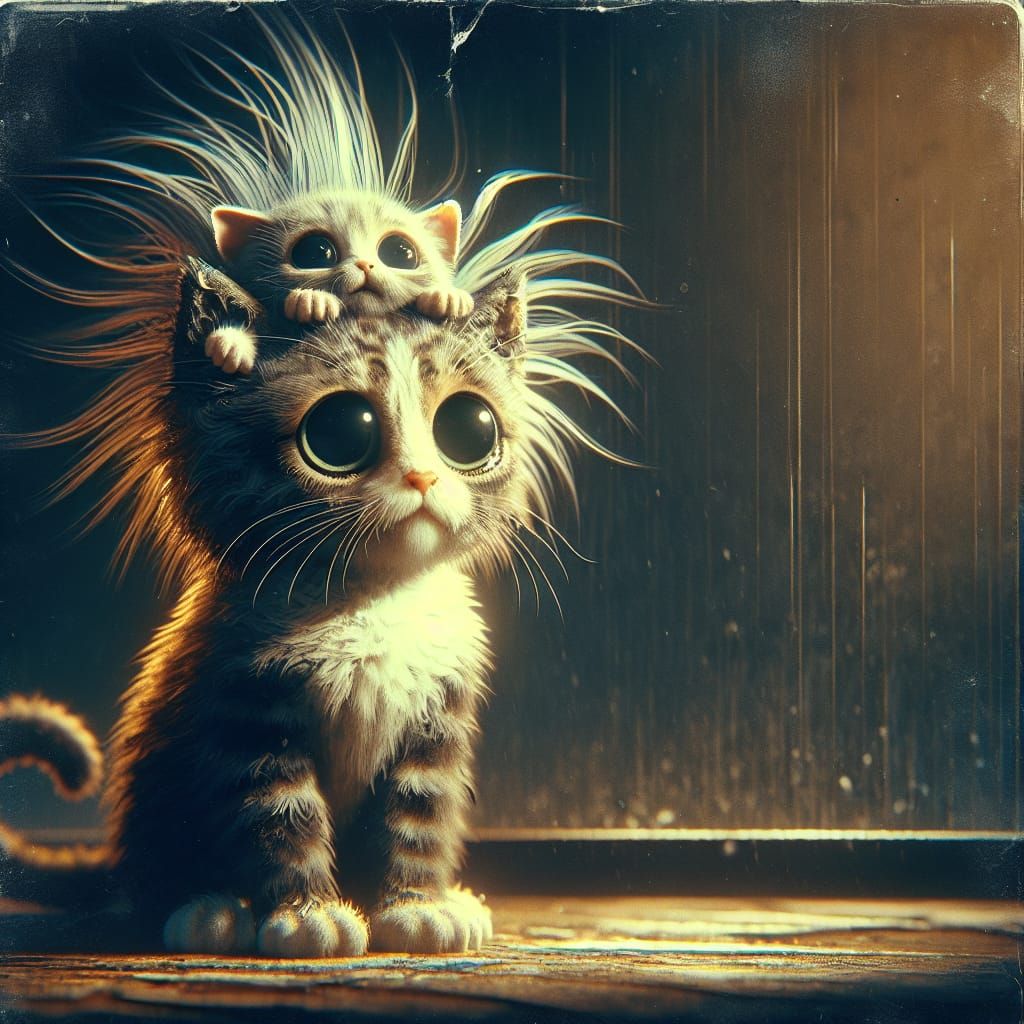 Adorable Cat with Kitten in Dark Digital Art