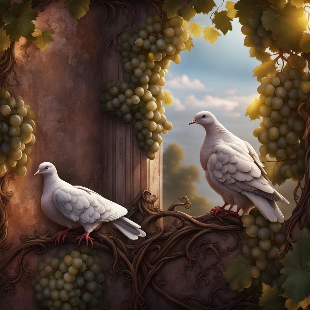 Doves Under Grape Vine: Detailed Matte Painting