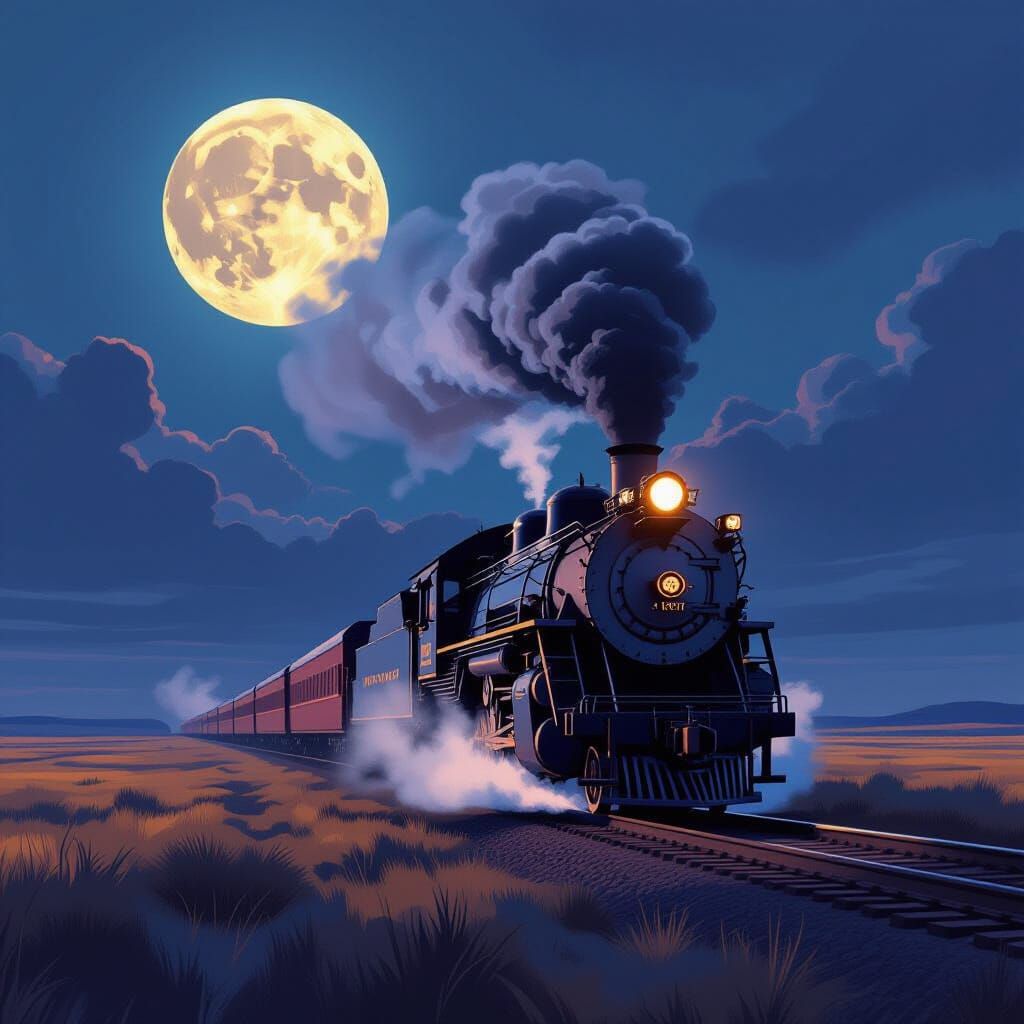 Moonlit Locomotive Speeds Across Prairie in Cinematic Panora...