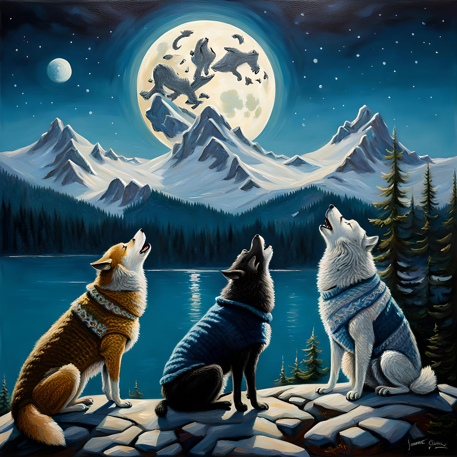 Wolves in sweaters howling at the moon
