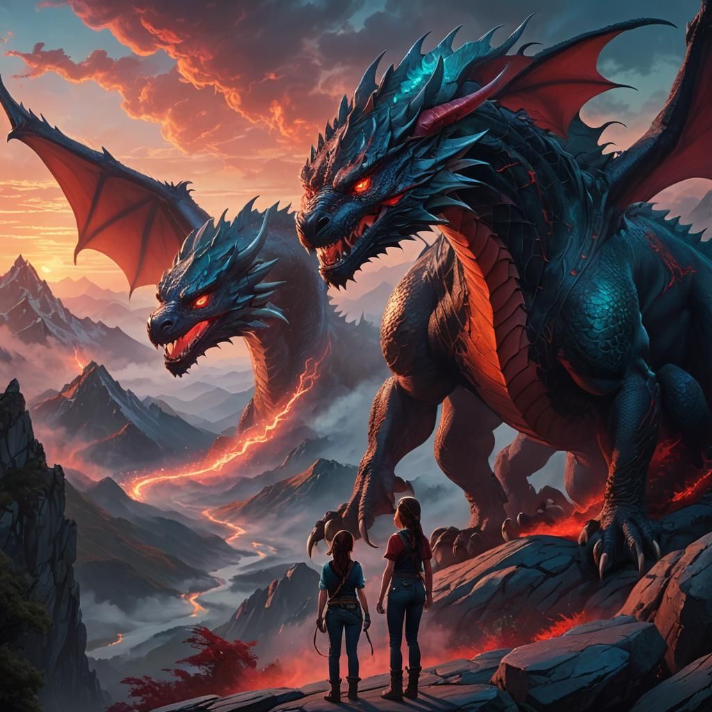 Girl and Dragon on Mountain: Fantasy Concept Art