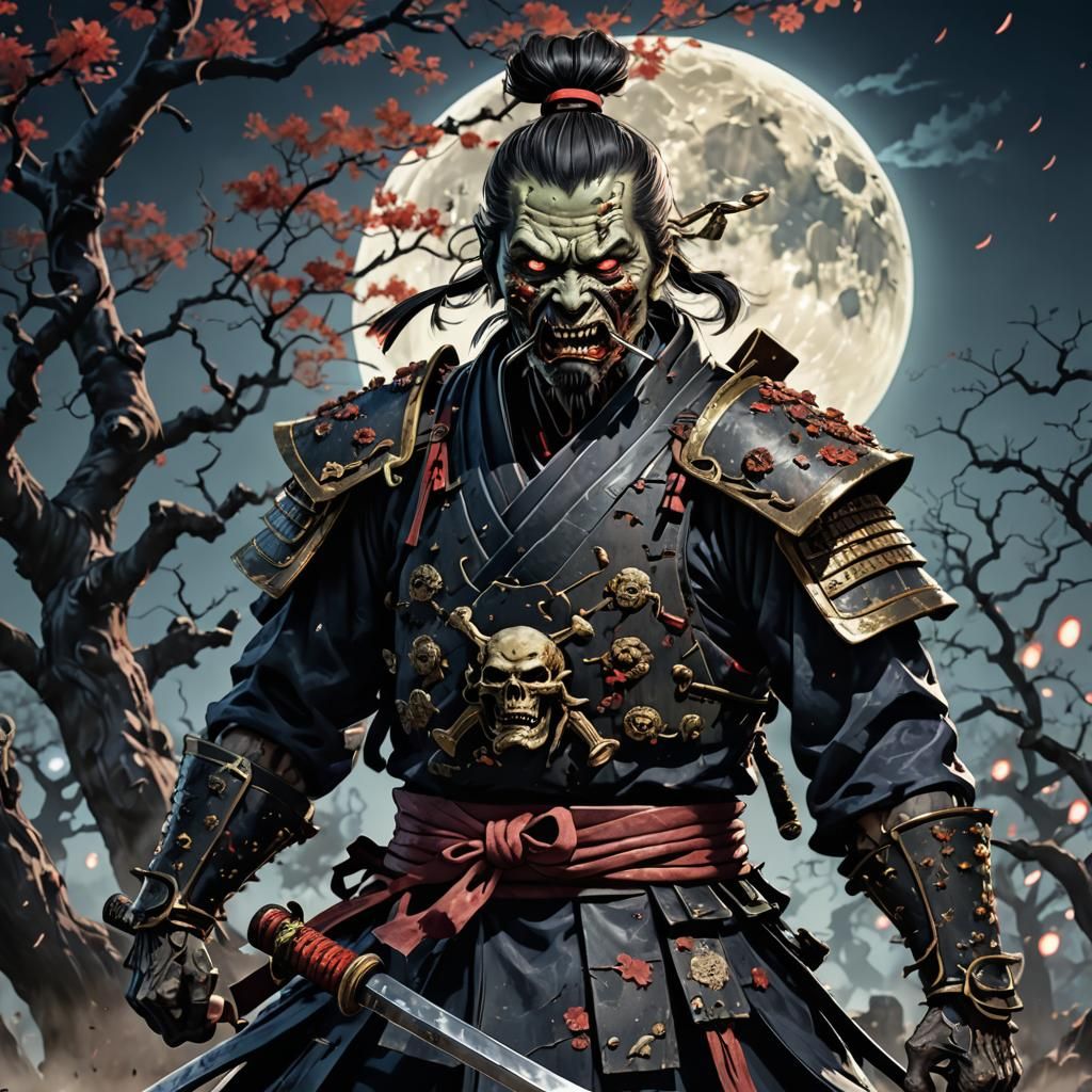 Zombie Samurai Portrait with Sakura, Manga Style