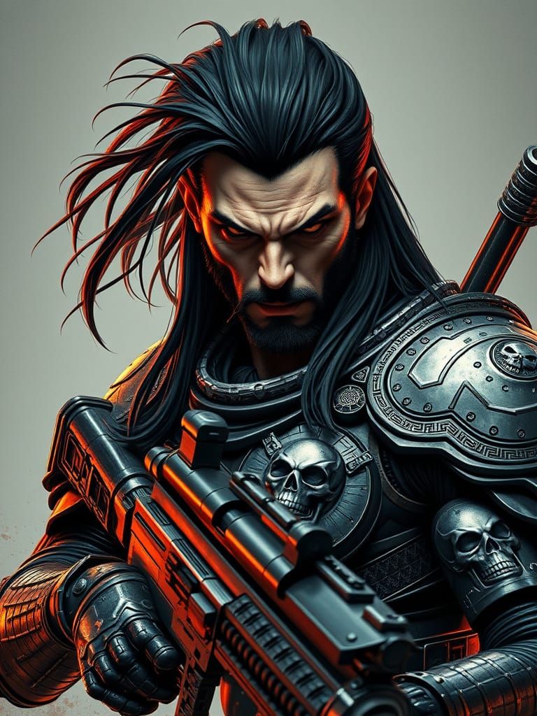Futuristic Warrior in Skull Armor with Firearm