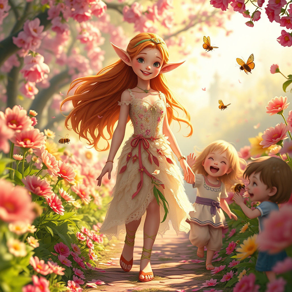 Joyful Spring Elf Among Happy Children: Anime-Inspired Art
