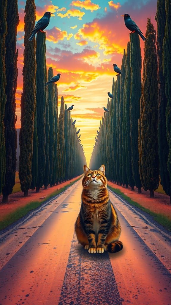 Calico Cat Gazing at Birds in Graffiti Art Style