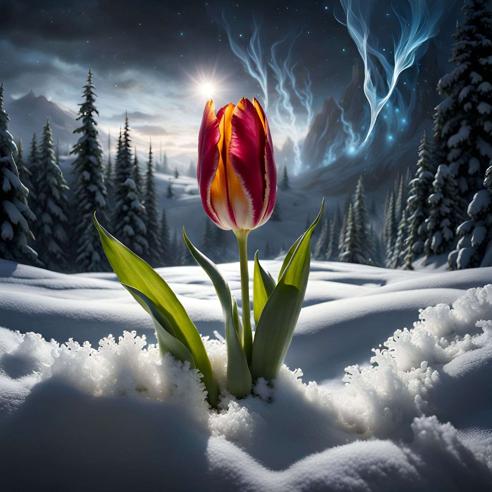 Tulip's Snowy Birth: A Detailed Fantasy Illustration