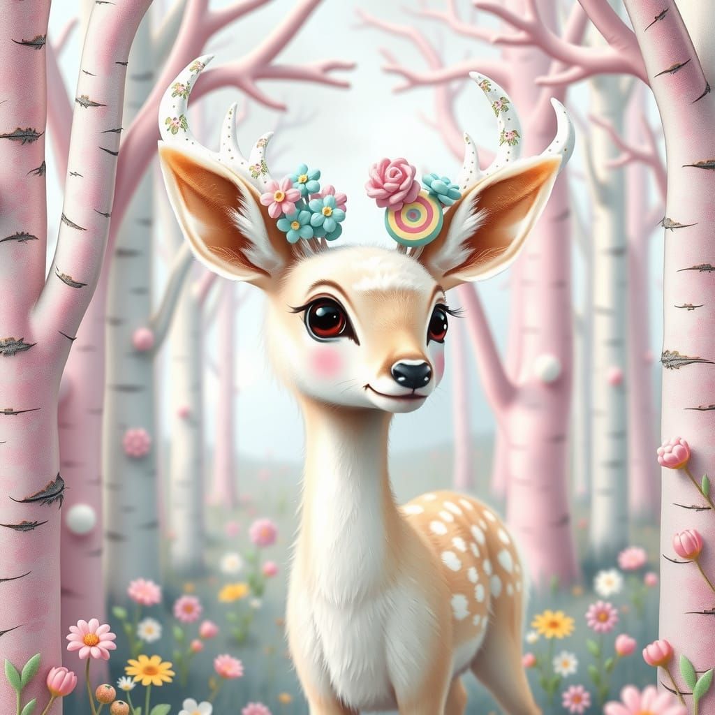 Whimsical Fawn in a Pastel Candy Forest