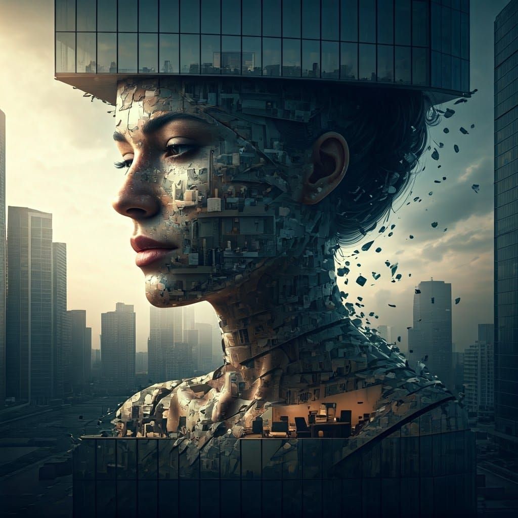 Glass Woman in Crumbling Office Block