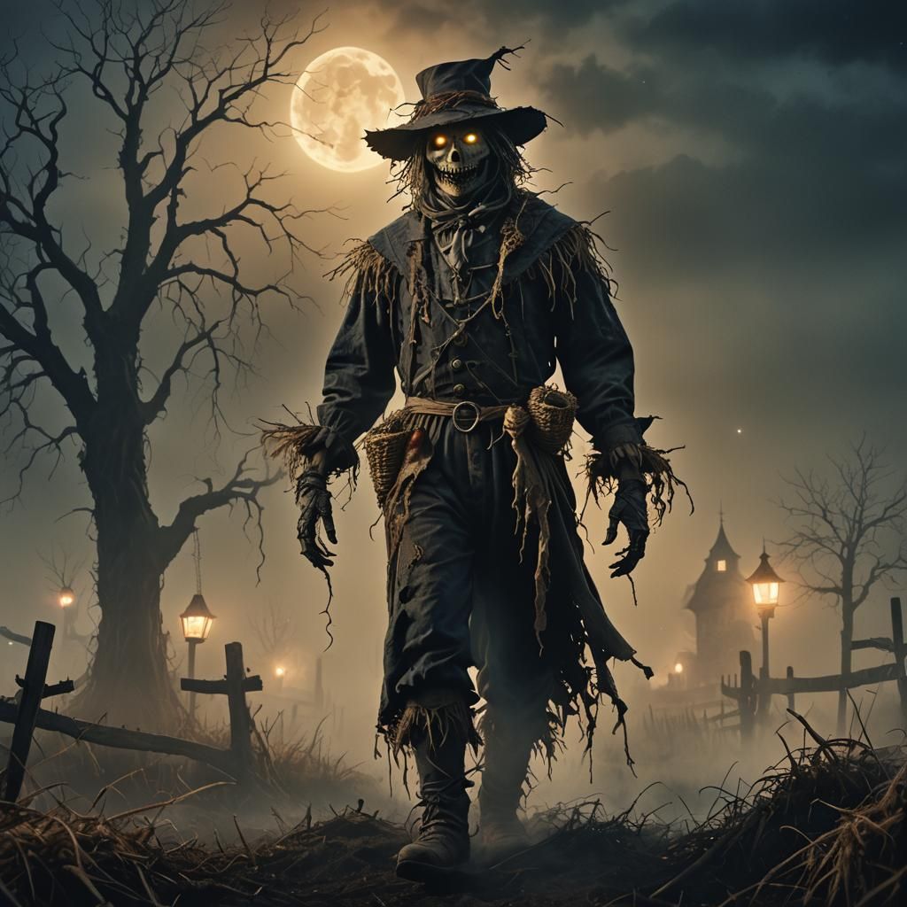 Eerie Scarecrow in Moonlit Fog: Dark Fantasy Painting