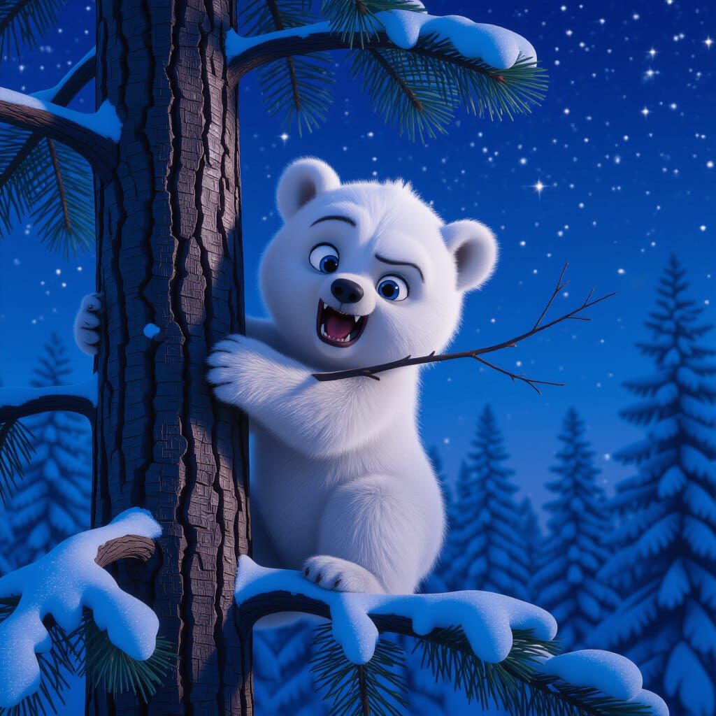 Cute Bear Cub Threatens Sky from Snowy Pine Tree