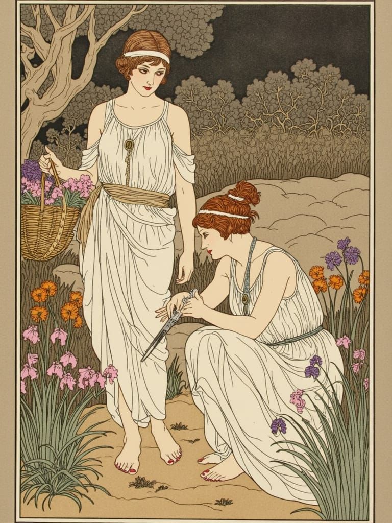 Elegant Ancient Greek Noblewoman in Art Nouveau Line Illustr...