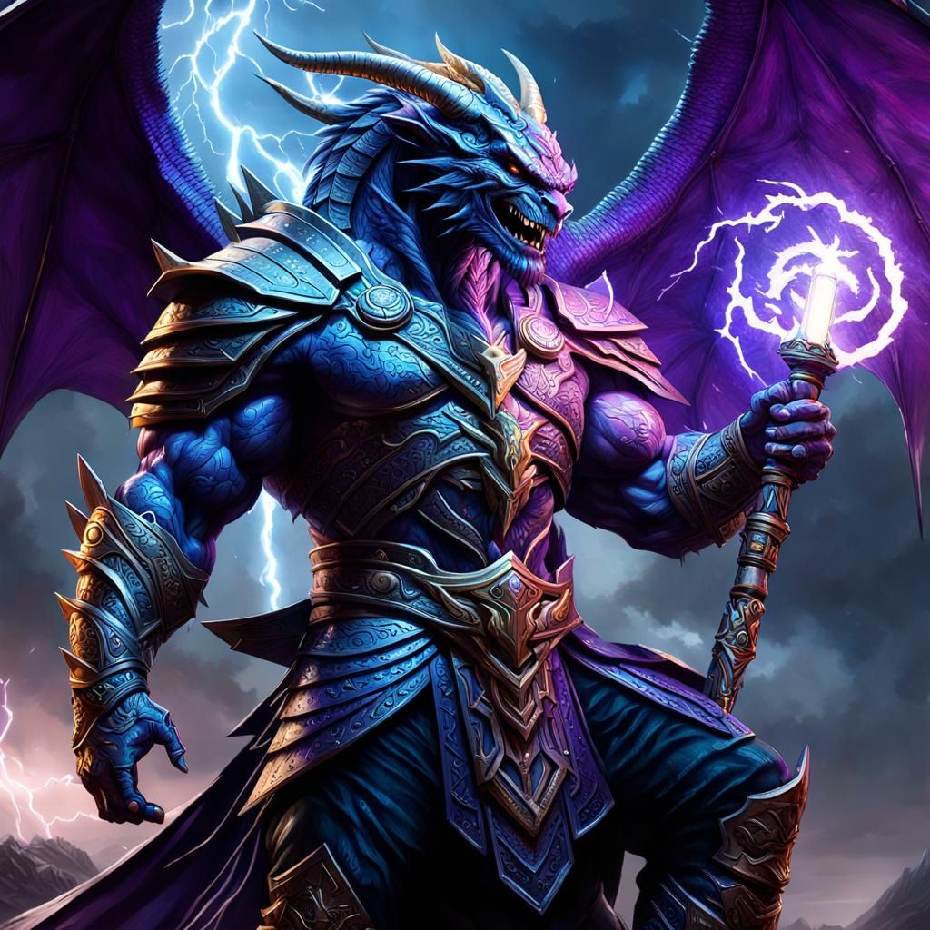 Thunder Warrior with Dragon, Dark Fantasy Concept Art